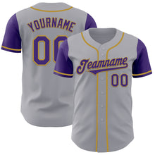 Load image into Gallery viewer, Custom Gray Purple-Old Gold Authentic Two Tone Baseball Jersey