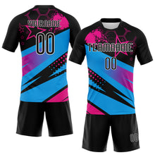 Load image into Gallery viewer, Custom Black Sky Blue-Pink Geometric Shape And Splash Sublimation Volleyball Uniform Jersey