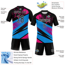 Load image into Gallery viewer, Custom Black Sky Blue-Pink Geometric Shape And Splash Sublimation Volleyball Uniform Jersey