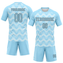 Load image into Gallery viewer, Custom Light Blue Black-White Lines And Waves Sublimation Volleyball Uniform Jersey