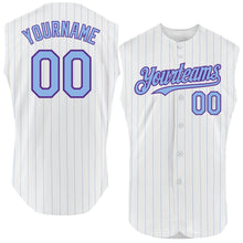 Load image into Gallery viewer, Custom White Light Blue Pinstripe Purple Authentic Sleeveless Baseball Jersey
