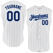 Load image into Gallery viewer, Custom White Navy Pinstripe Light Blue Authentic Sleeveless Baseball Jersey