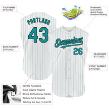 Load image into Gallery viewer, Custom White Teal Pinstripe Black Authentic Sleeveless Baseball Jersey