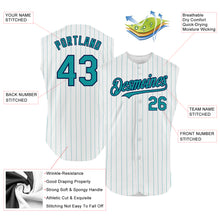 Load image into Gallery viewer, Custom White Teal Pinstripe Navy Authentic Sleeveless Baseball Jersey