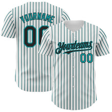 Load image into Gallery viewer, Custom White (Black Teal Pinstripe) Black-Teal Authentic Baseball Jersey