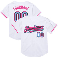 Load image into Gallery viewer, Custom White Light Blue Black-Pink Mesh Authentic Throwback Baseball Jersey