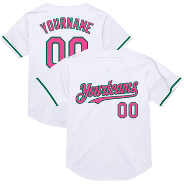 Custom White Pink-Kelly Green Mesh Authentic Throwback Baseball Jersey