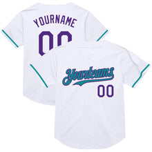 Load image into Gallery viewer, Custom White Purple-Teal Mesh Authentic Throwback Baseball Jersey