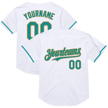 Custom White Teal-Old Gold Mesh Authentic Throwback Baseball Jersey