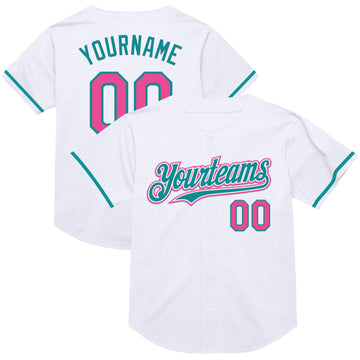 Custom White Pink-Teal Mesh Authentic Throwback Baseball Jersey