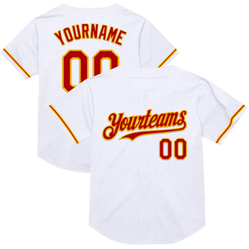 Custom White Red-Gold Mesh Authentic Throwback Baseball Jersey