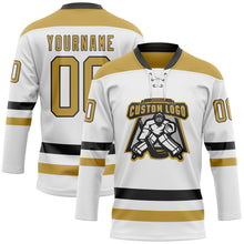Load image into Gallery viewer, Custom White Old Gold-Black Hockey Lace Neck Jersey
