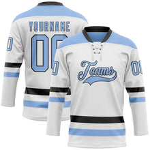 Load image into Gallery viewer, Custom White Light Blue-Black Hockey Lace Neck Jersey