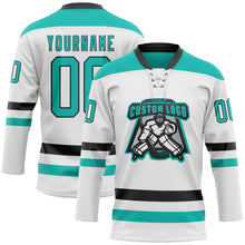 Load image into Gallery viewer, Custom White Aqua-Black Hockey Lace Neck Jersey
