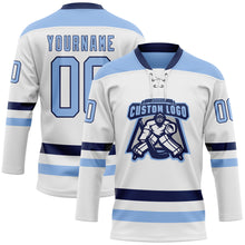 Load image into Gallery viewer, Custom White Light Blue-Navy Hockey Lace Neck Jersey