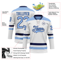 Load image into Gallery viewer, Custom White Light Blue-Navy Hockey Lace Neck Jersey
