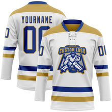 Load image into Gallery viewer, Custom White Royal-Old Gold Hockey Lace Neck Jersey