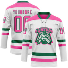 Load image into Gallery viewer, Custom White Pink-Kelly Green Hockey Lace Neck Jersey
