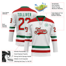 Load image into Gallery viewer, Custom White Red-Kelly Green Hockey Lace Neck Jersey