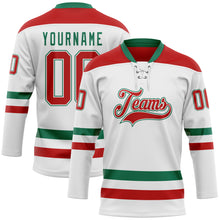 Load image into Gallery viewer, Custom White Red-Kelly Green Hockey Lace Neck Jersey