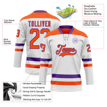 Load image into Gallery viewer, Custom White Orange-Purple Hockey Lace Neck Jersey