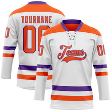 Load image into Gallery viewer, Custom White Orange-Purple Hockey Lace Neck Jersey