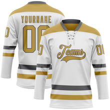 Load image into Gallery viewer, Custom White Old Gold-Steel Gray Hockey Lace Neck Jersey