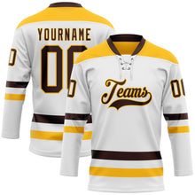 Load image into Gallery viewer, Custom White Brown-Gold Hockey Lace Neck Jersey