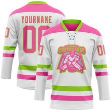 Load image into Gallery viewer, Custom White Pink-Neon Green Hockey Lace Neck Jersey