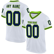 Load image into Gallery viewer, Custom White Navy-Neon Green Mesh Authentic Throwback Football Jersey