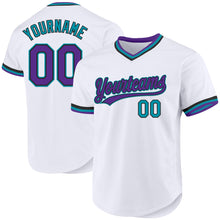 Load image into Gallery viewer, Custom White Purple Black-Teal Authentic Throwback Baseball Jersey