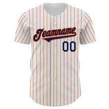 Load image into Gallery viewer, Custom White Orange Pinstripe Navy Authentic Baseball Jersey