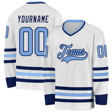 Load image into Gallery viewer, Custom White Light Blue-Navy Hockey Jersey