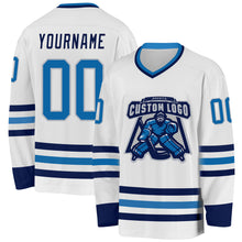 Load image into Gallery viewer, Custom White Blue Navy-Gray Hockey Jersey
