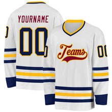 Load image into Gallery viewer, Custom White Navy Gold-Maroon Hockey Jersey