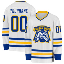 Load image into Gallery viewer, Custom White Royal-Gold Hockey Jersey