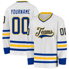 Load image into Gallery viewer, Custom White Royal-Gold Hockey Jersey