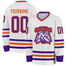 Load image into Gallery viewer, Custom White Purple-Orange Hockey Jersey