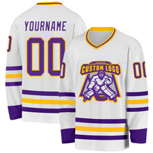 Load image into Gallery viewer, Custom White Purple-Gold Hockey Jersey
