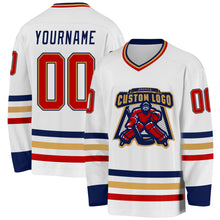 Load image into Gallery viewer, Custom White Red Old Gold-Navy Hockey Jersey