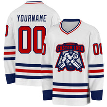 Load image into Gallery viewer, Custom White Red-Navy Hockey Jersey