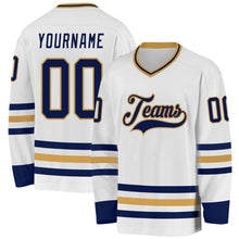 Load image into Gallery viewer, Custom White Navy-Old Gold Hockey Jersey