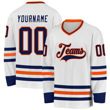 Load image into Gallery viewer, Custom White Navy-Orange Hockey Jersey