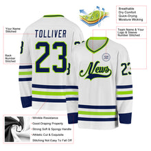 Load image into Gallery viewer, Custom White Navy-Neon Green Hockey Jersey