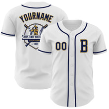 Load image into Gallery viewer, Custom White Navy-Old Gold Authentic Baseball Jersey