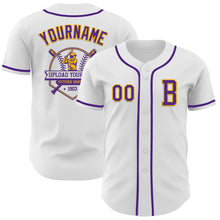 Load image into Gallery viewer, Custom White Purple-Gold Authentic Baseball Jersey