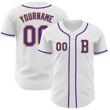 Load image into Gallery viewer, Custom White Purple-Old Gold Authentic Baseball Jersey