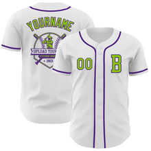 Load image into Gallery viewer, Custom White Neon Green-Purple Authentic Baseball Jersey