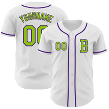 Load image into Gallery viewer, Custom White Neon Green-Purple Authentic Baseball Jersey
