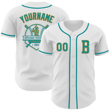 Load image into Gallery viewer, Custom White Teal-Old Gold Authentic Baseball Jersey